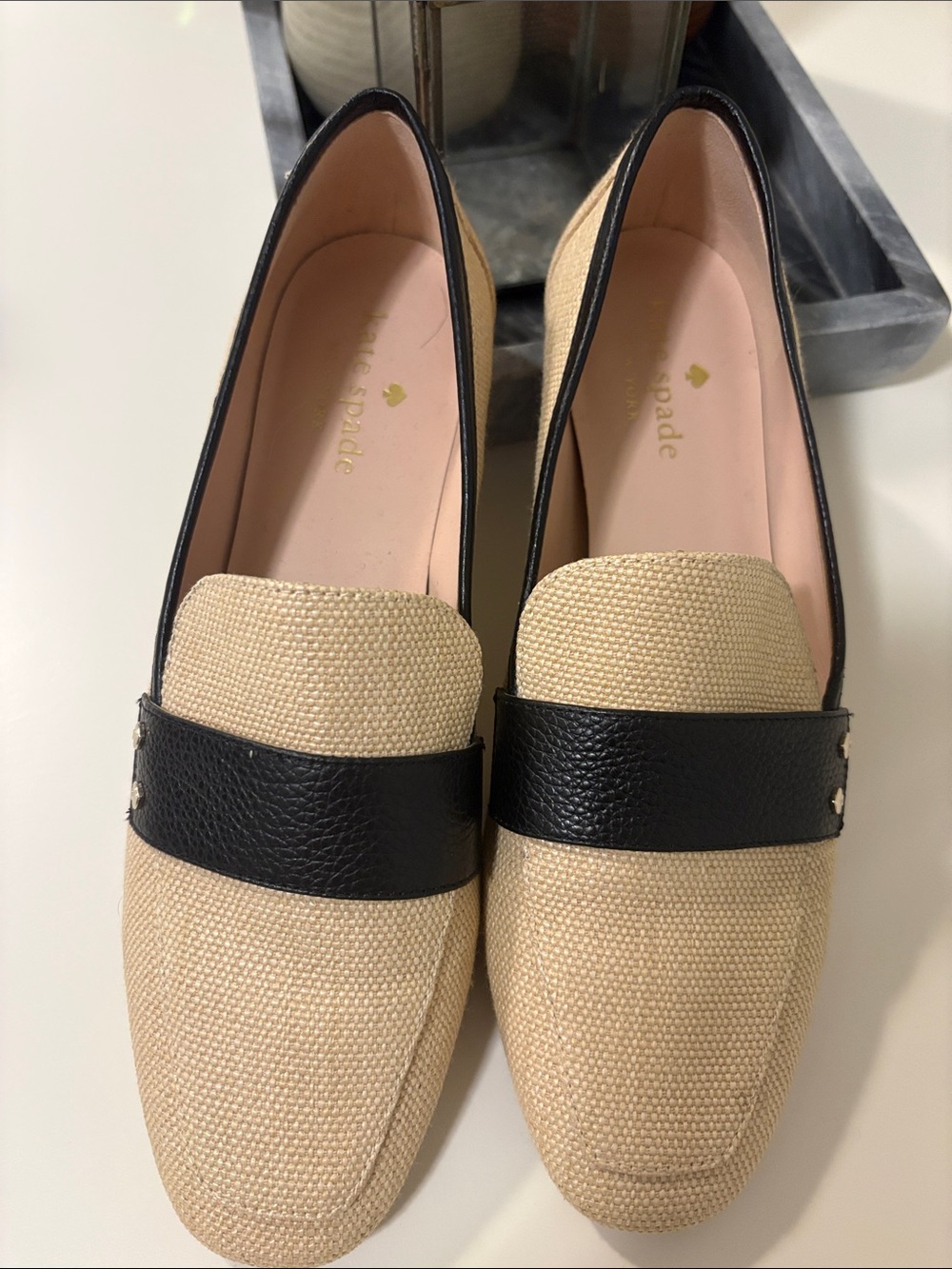 kate spade Beige Raffia Loafers with Black Leather Strap